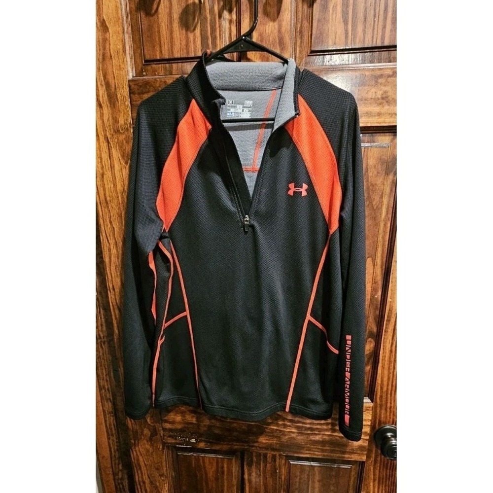 Under Armour Mens ColdGear Quarter Zip Pullover Textured Black Red Large Fitted